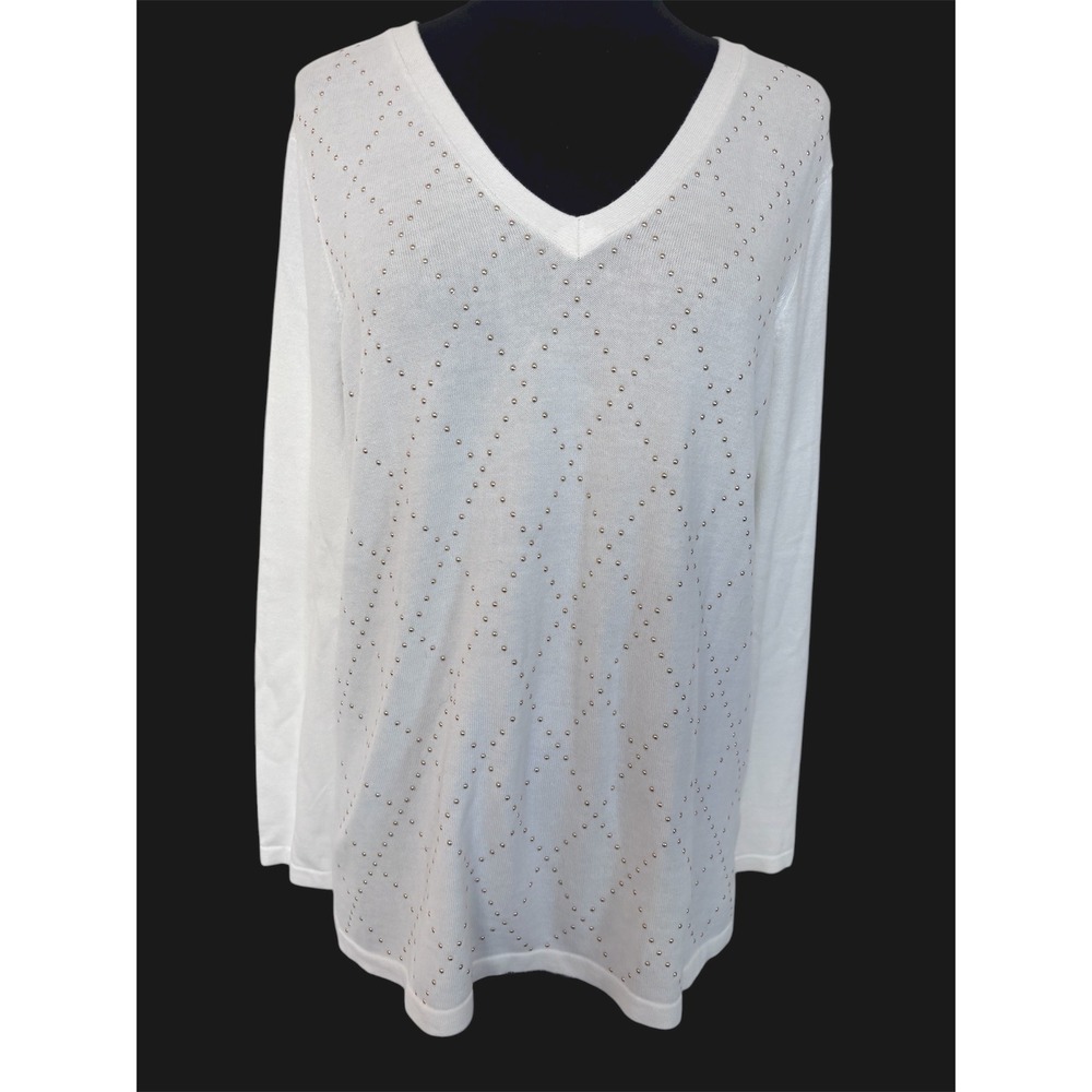 Tommy Hilfiger Womens White Studded V Neck Long Sleeve‎ Sweater Top Size L NWT